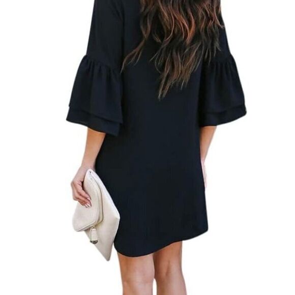 Black V-Neck Dress with Ruffle Sleeves short solid black - Picture 2 of 9